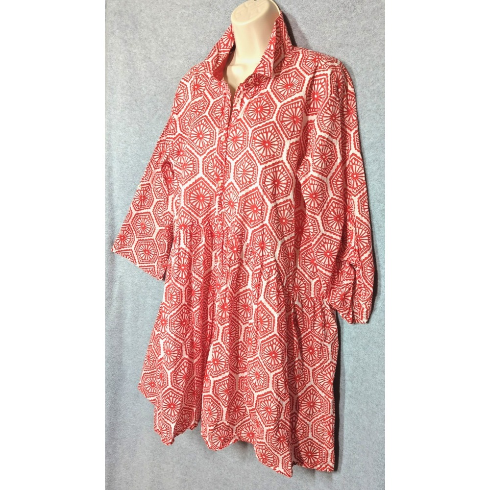 New Ro's Garden Short Shirt Dress XL Cotton Red White Pinwheel Prairie Relaxed